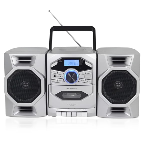 Emerson Reproductor de CD portátil Boombox con reproductor de casete, grabadora de cinta, radio AM/FM, entrada auxiliar MP3, parlantes desmontables, CA/CC y funciona con baterías - Sistema estéreo par