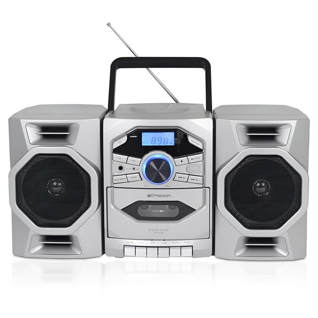Emerson Reproductor de CD portátil Boombox con reproductor de casete, grabadora de cinta, radio AM/FM, entrada auxiliar MP3, parlantes desmontables, CA/CC y funciona con baterías - Sistema estéreo par
