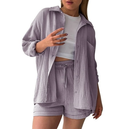 GZWYHT Lounge Sets for Women Comfy Sets for Women Clothing Women s Spring Shirt High Waist Drawstring Shorts Large Fashion Set Two Piece Sets for Women Two Piece Sets for Women Summer Purple XXL