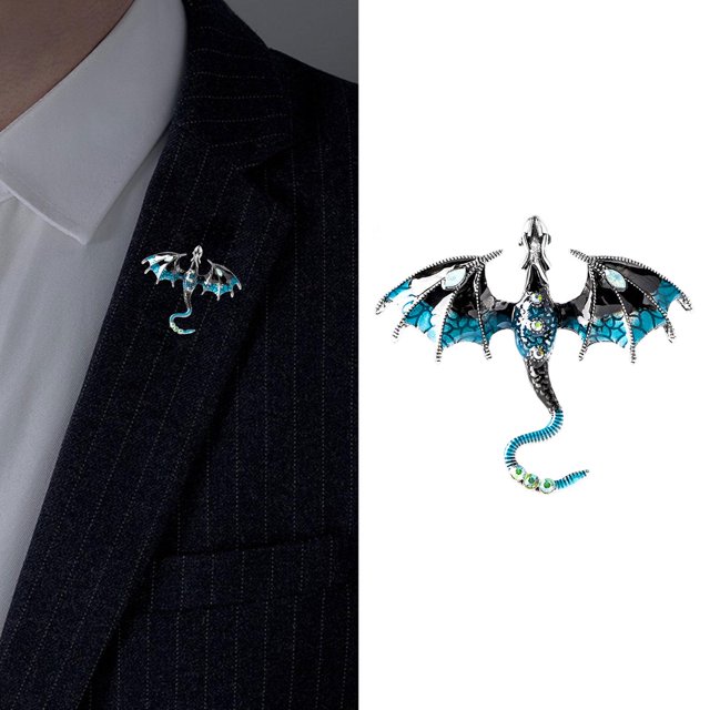 Hombres Broche Pin Esmalte Dragón Broche Animal Aleación Diamante de imitación Regalo de cumpleaños Insignia Pin Colgante Encantos para trajes Ropa Azul Yinane Broche