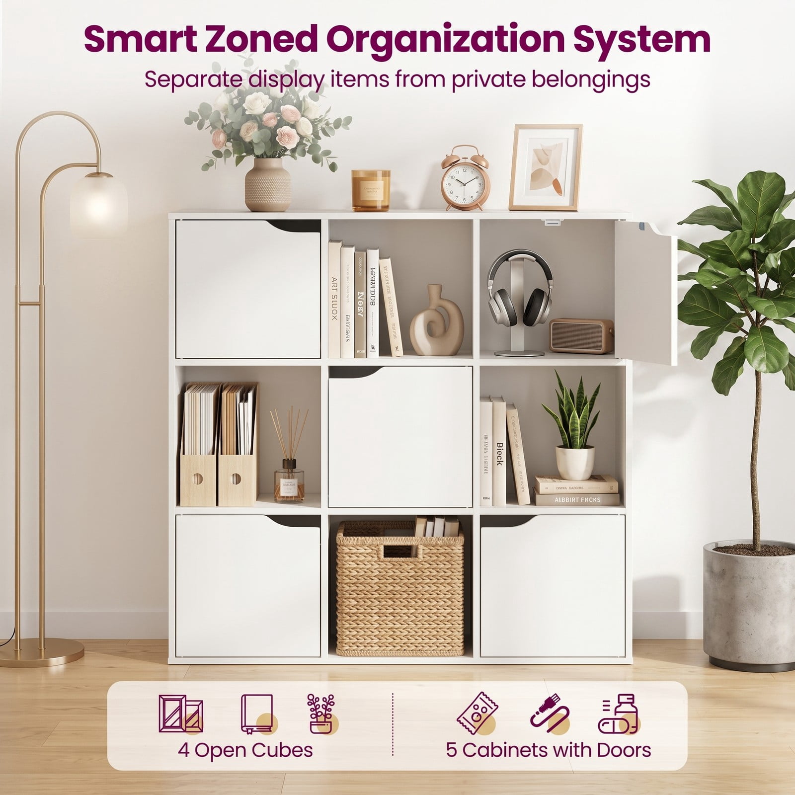 Furnibear 9 Cube Storage Bookcase, Free Standing Wood Divider Organizer with 4 Open Cubes and 5 Cabinets for Home Office Living Room Bedroom, White