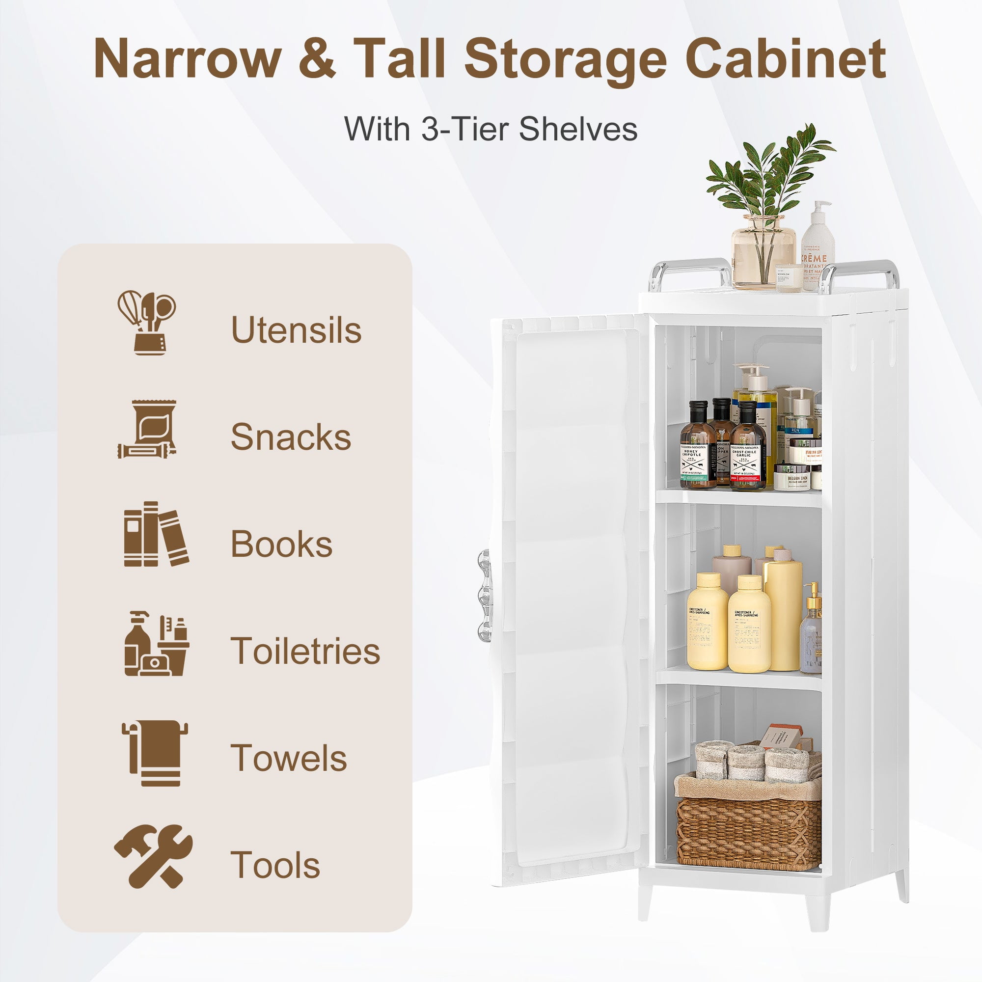 VECELO Narrow Bathroom Storage Cabinet with Door, 29.7” H Slim Freestanding Foldable Cabinet with Adjustable Shelves, for Small Spaces, Kitchen, White