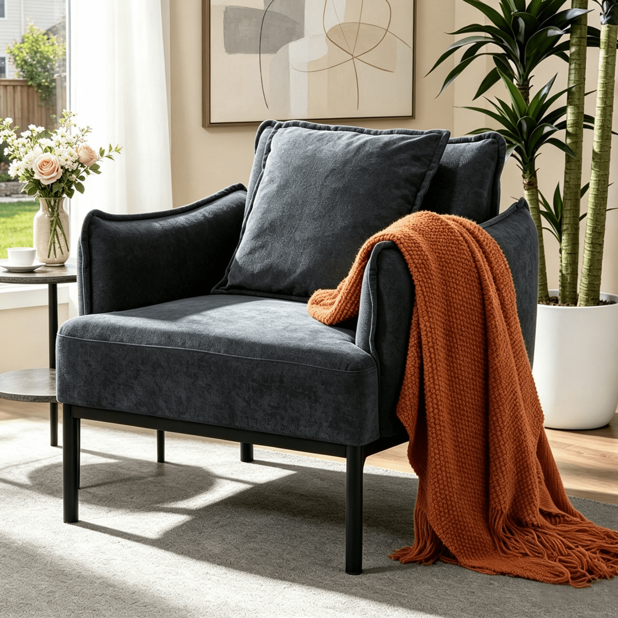 Gewnee Modern Accent Chair,Upholstered Armchair with Curved Armrest and Pillow,Comfort Reading Chair Lounge Chair for Living Room,Bedroom,Sunroom.Dark Grey