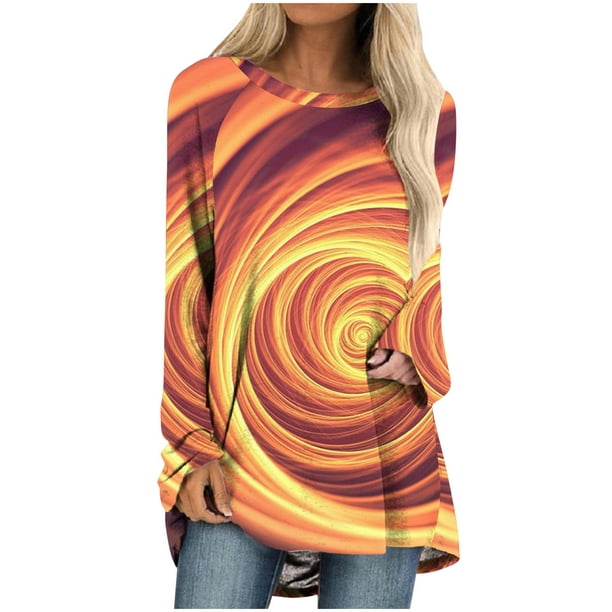 Womens Long Sleeve Graphic Tunic Tops for Leggings Casual Round Neck Tops  Loose Fashion Print T Shirts Blouse (XX-Large, Gold 02)
