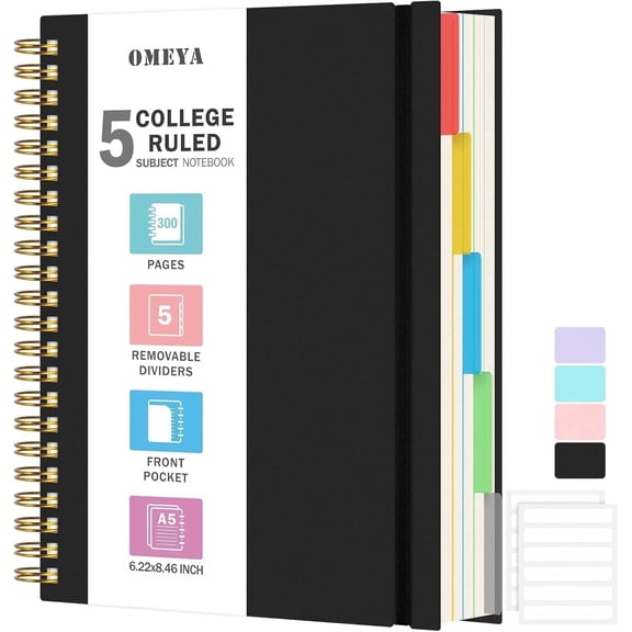 OMEYA 5 Subject Notebooks College Ruled, Spiral Notebook with Dividers, 300 Pages 100GSM Thick Spiral Writing Journal for Women & Men, Lined Journal Notebooks for Work, Campus (A5 Size)
