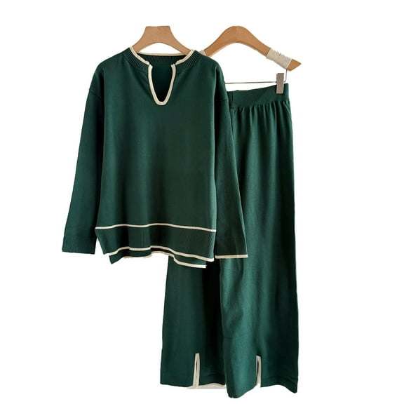 Enjoytime Fall Sets Women 2 Piece Outfits U-Shaped Collar Long Sleeve Sweater and Split Wide Leg Pants Knitted Loungewear Casual Soft Matching Set