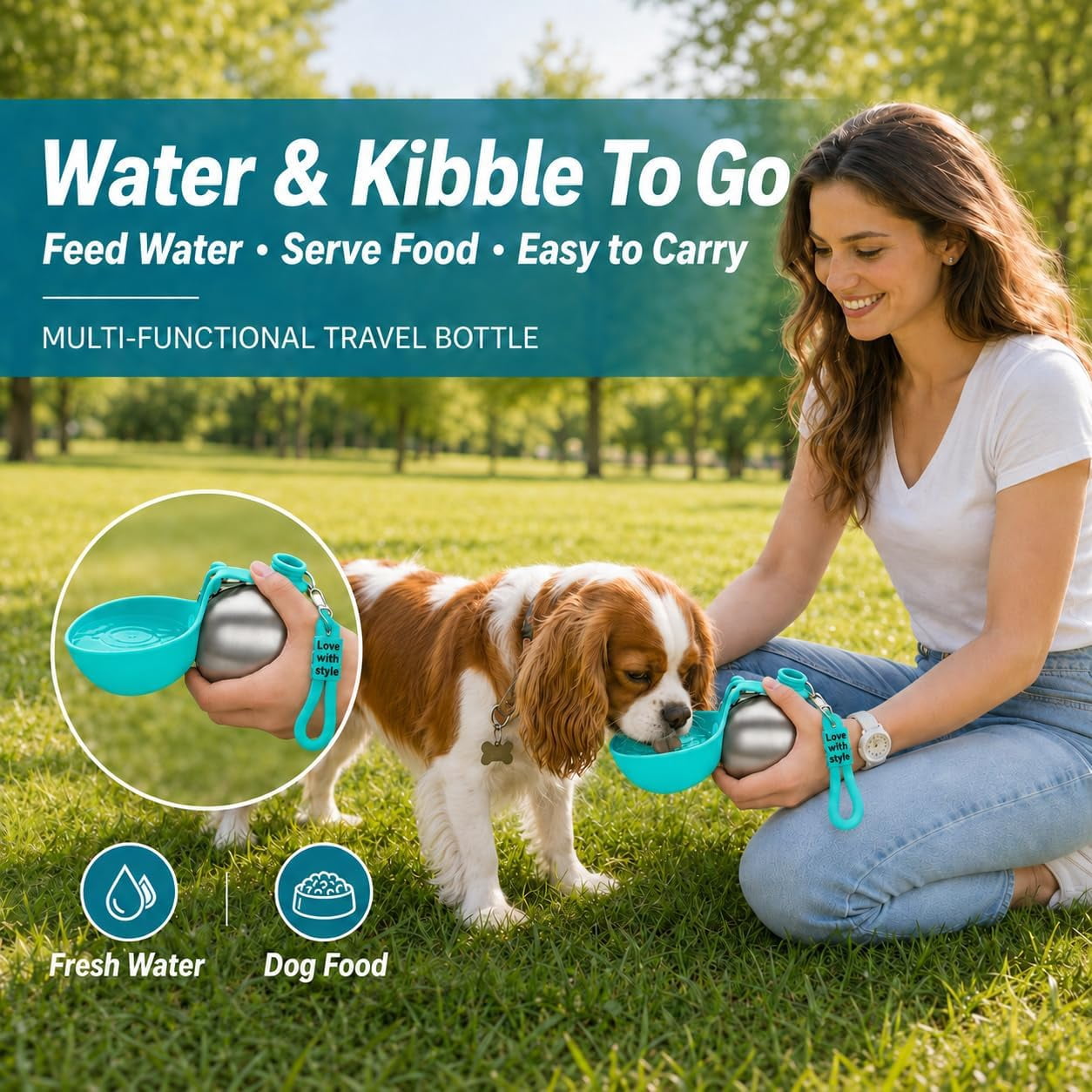 Pawsipus Dog Water Bottle, 10 oz Portable Pawsip Stainless Steel Travel Bottle with Foldable Silicone Bowl, Leak-Proof