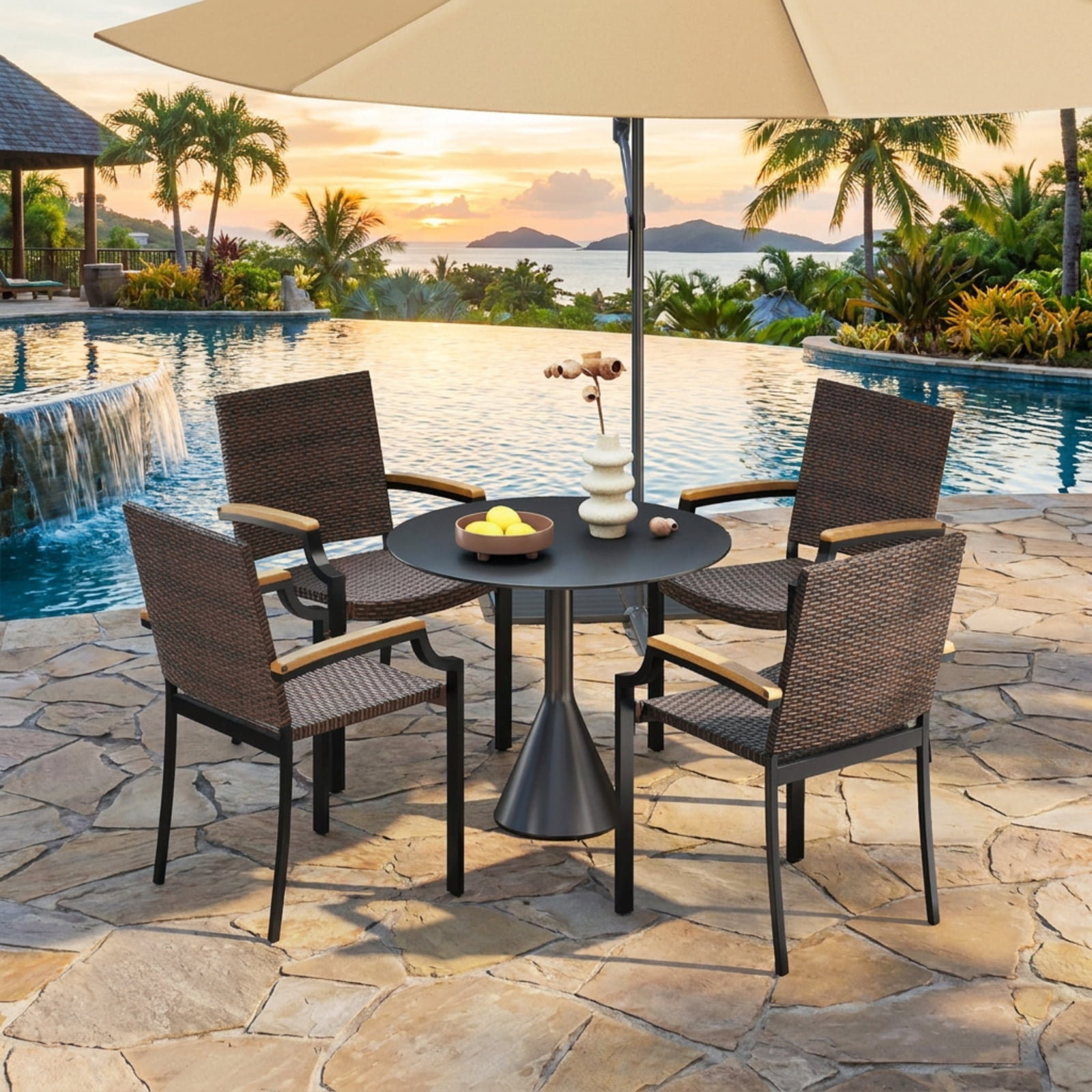 Biotree Outdoor Dining Chairs Set of 2 Stacking PE Wicker Patio Rattan Dining Chairs with Acacia Wood Armrests for Garden Backyard, Mix Brown