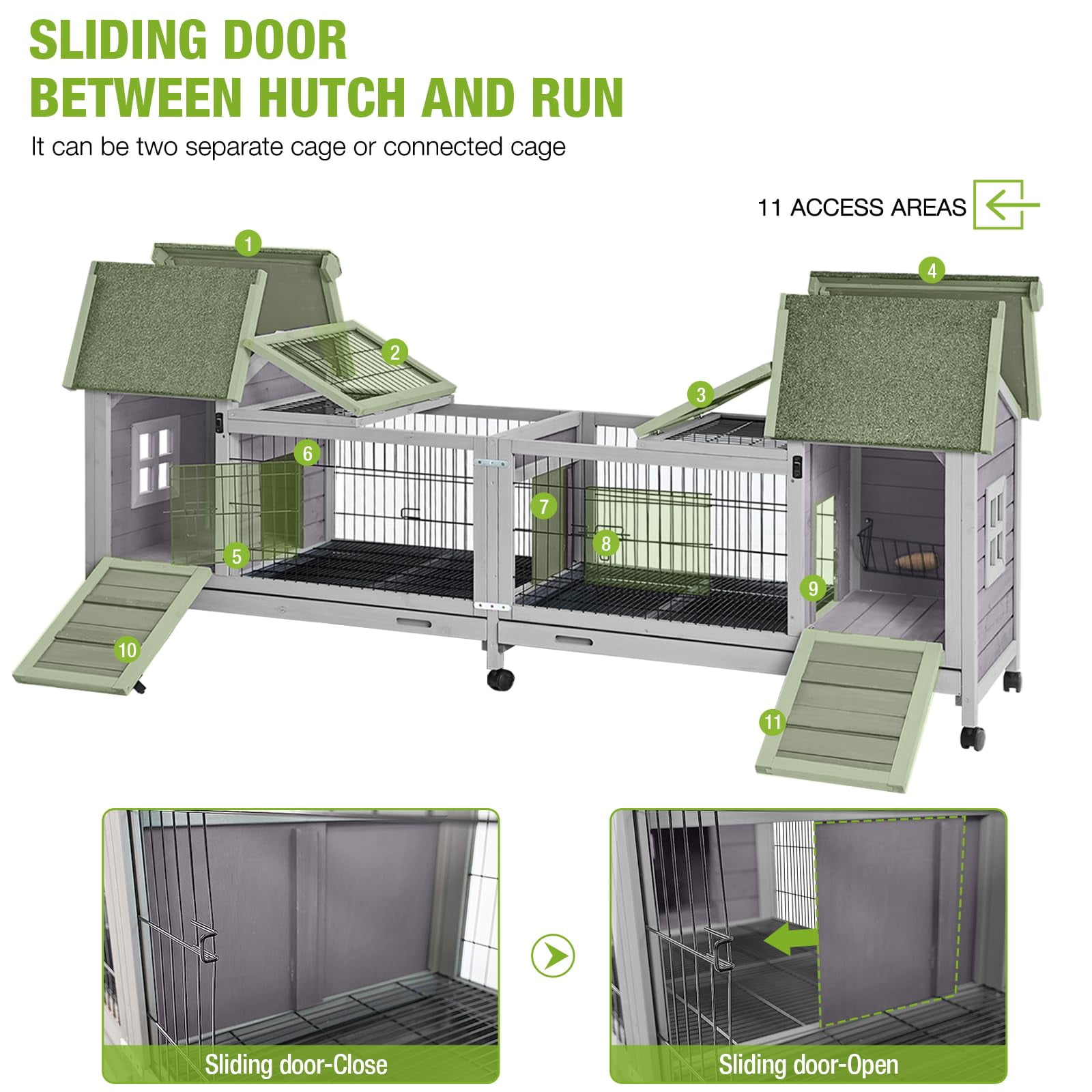 MEDEHOO Rabbit Hutch Outdoor Bunny Cage Indoor with Large Space Guinea Pig House on Wheels 10.4 ft², No Leak Trays, Run