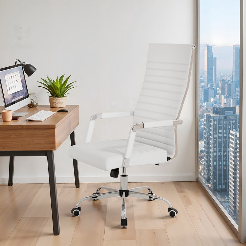 Furmax Faux Leather Office Chair with Lumbar Support and Armrest, High-Back Swivel Conference Chair, White