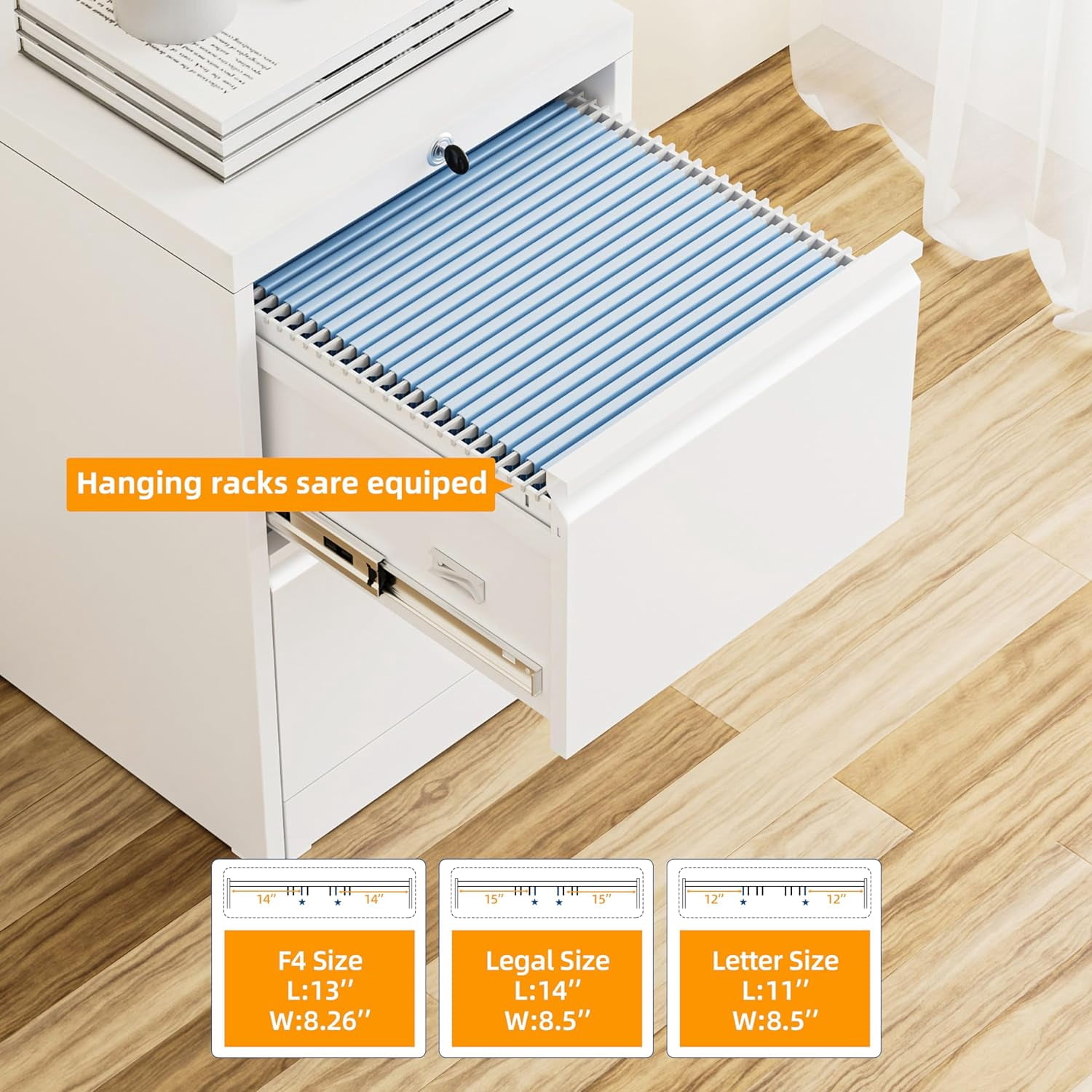 SUNCROWN 2 Drawer File Cabinet with Lock, White Lateral Filing Cabinet, Metal Narrow Storage Cabinet with 4 Adjustable Hanging Frame for Home Office