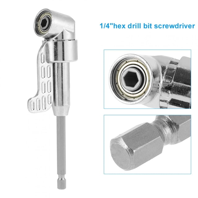 With Locking Hex Extension Drill Bit Socket, a silver vanadium steel screwdriver extension socket with a 1/4-inch hex connection. Features a 105° bending angle, locking and magnetic devices to prevent falling, and compatibility with electric drills, charging drills, and manual wrenches. Lightweight and designed for reaching tight spaces. Overall length is 14 cm (5.51 in) and weight is approximately 153 g.