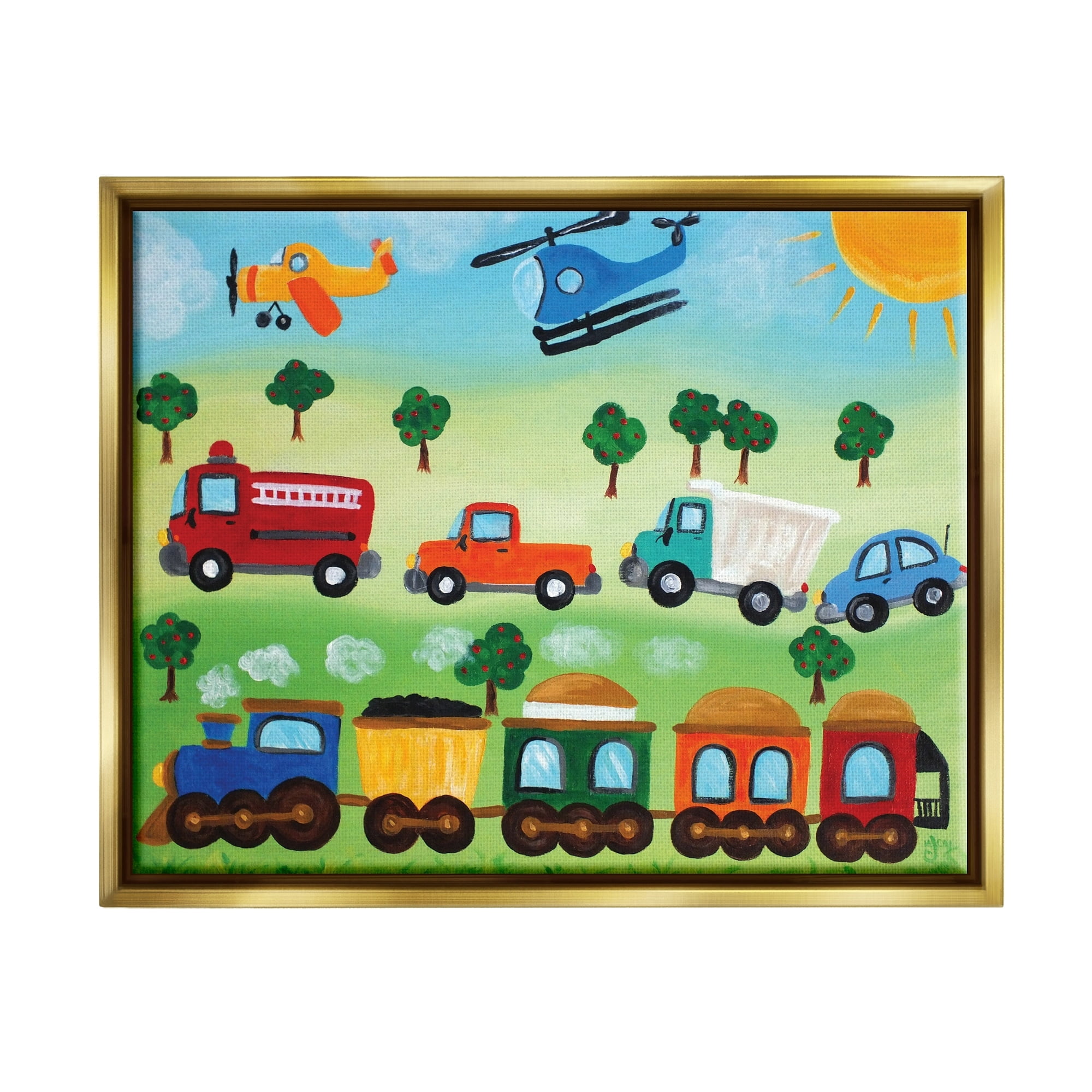 The Kids Room by Stupell Planes, Trains, and Automobiles Metallic Gold Framed Floating Canvas Wall Art, 16x20, by nJoyArt