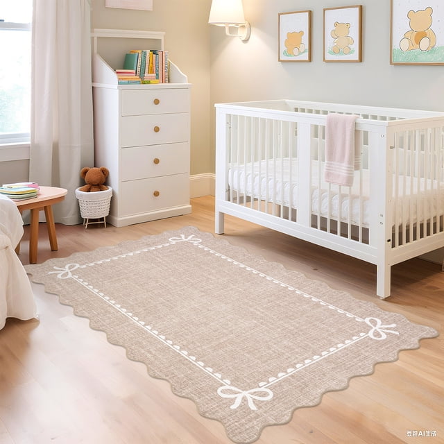 Nanan 8'x10' Scalloped Bow Area Rug, Non-Slip Back, Machine Washable Low-Pile Carpet for Living Room Bedroom Nursery Home Decor,Camel