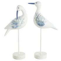 16", 15"H White Polystone Bird Sculpture with Blue Coral Patterns and Wood Inspired Bases, by DecMode (2 Count)