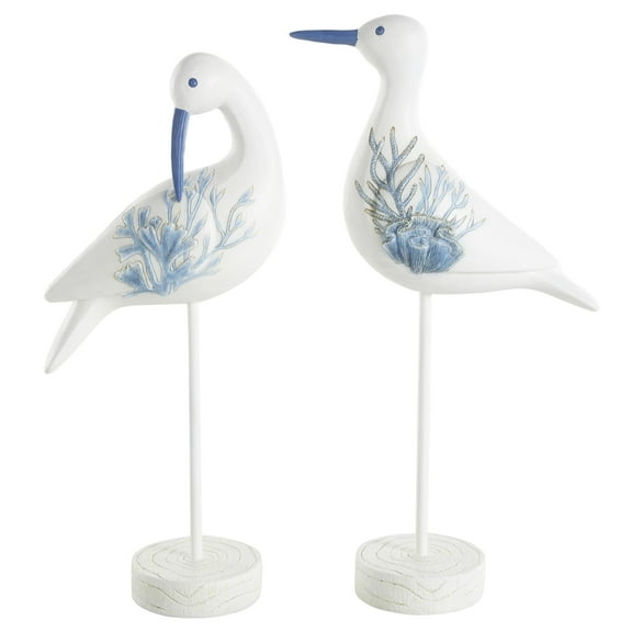 16", 15"H White Polystone Bird Sculpture with Blue Coral Patterns and Wood Inspired Bases, by DecMode (2 Count)