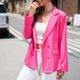 thumbnail image 3 of Chaqueta de traje para mujer, cuello vuelto, doble botonadura, Color puro con bolsillos, manga larga, chaqueta de traje de oficina informal, rosa rojo M, 3 of 7