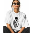 thumbnail image 2 of Women's Graphic T-Shirt White XL Women's Tops Skeleton Holding A Cat Crew Neck Short Sleeve Shirts for Women, 2 of 3