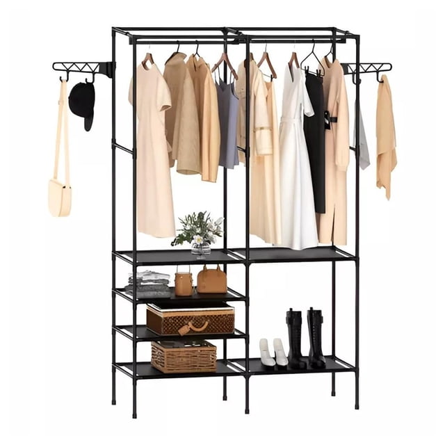 Perchero de Piso Multifuncional | Organizador de Ropa | Closet Armable | Rack con Ganchos Resistente | Armario para Dormitorio | Acero Inoxidable