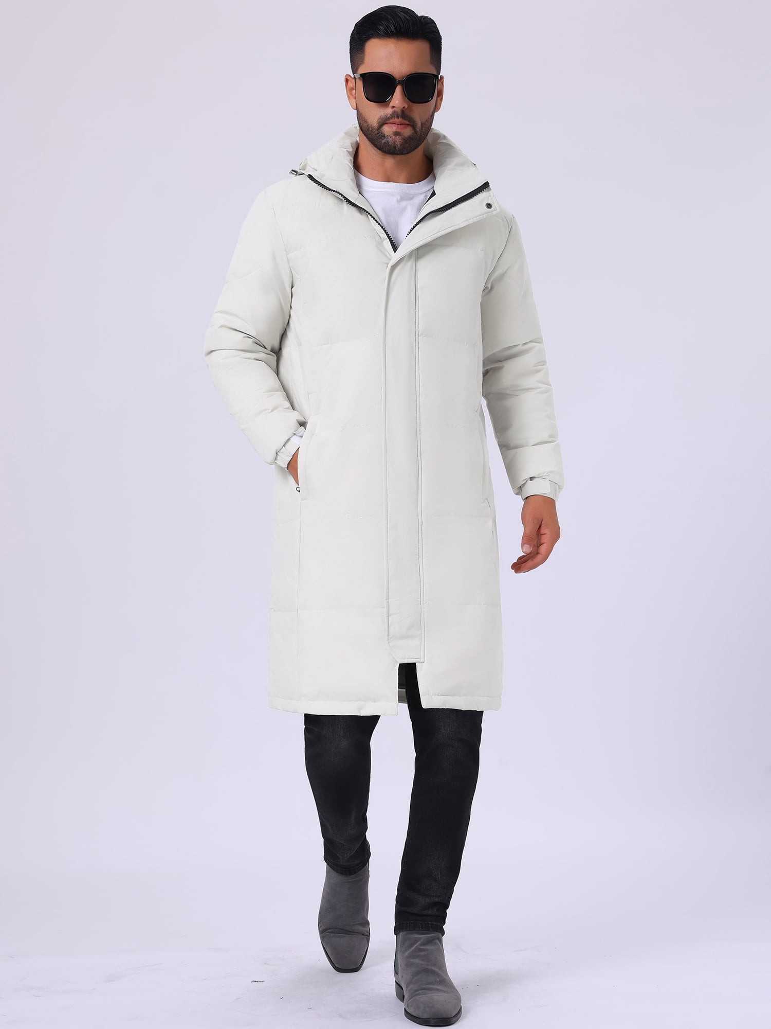 DARING DIVA Men's Full-Zip Detachable Hooded Long Quilted Puffer Jacket L White