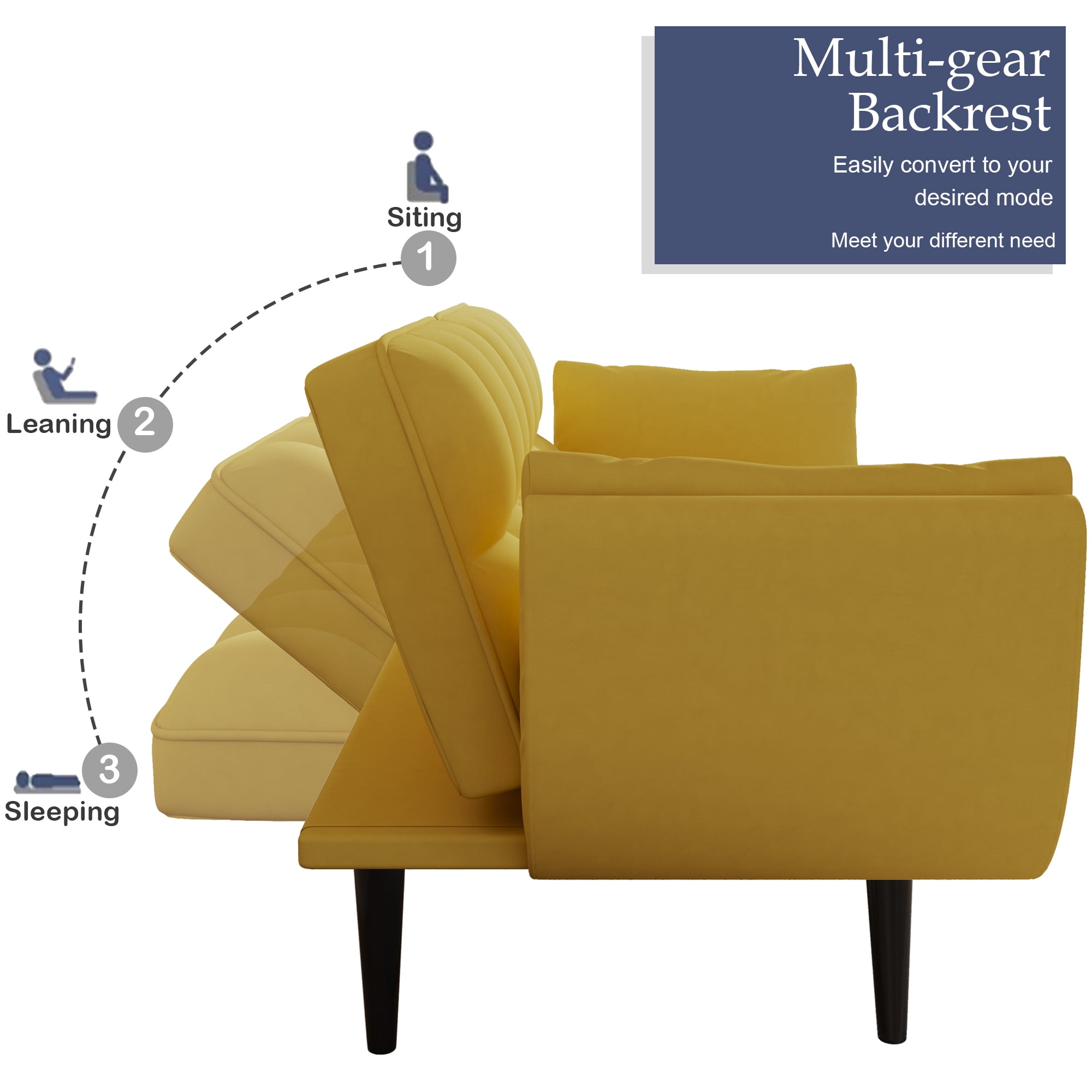 Leumius 74" Modern Loveseat Sofa for Living Room,Velvet Futon sofa bed with Adjustable Back & with 2 Throw Pillow for Bedroom,Small Spaces,Yellow