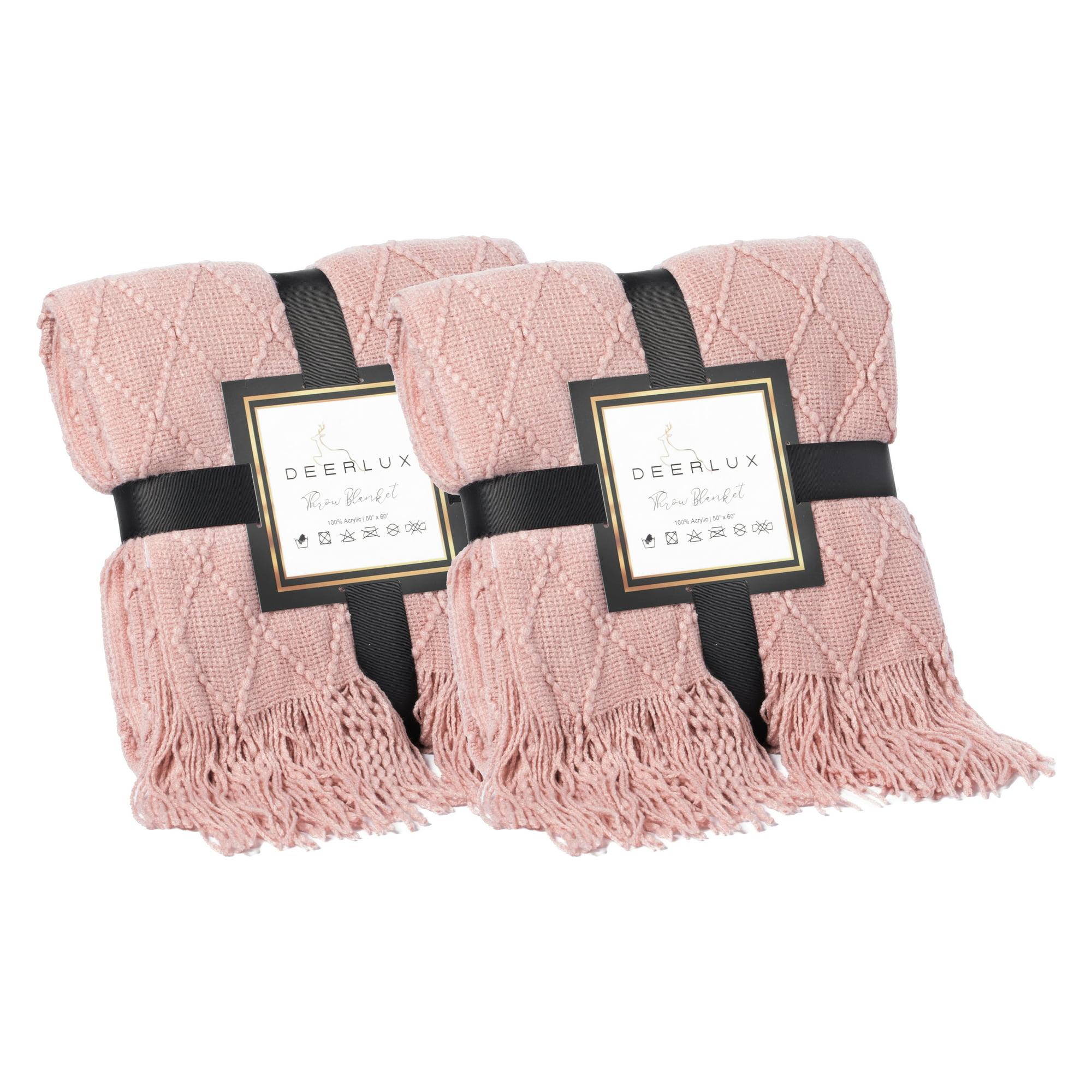 Set of 2 Decorative Knit Throw Blanket 50x60 in Boasting a Durable Diamond Pattern Design and Elegant Fringe Edges Pink Lightweight Breathable Easy Care All Season Ideal for Lounging Walmart