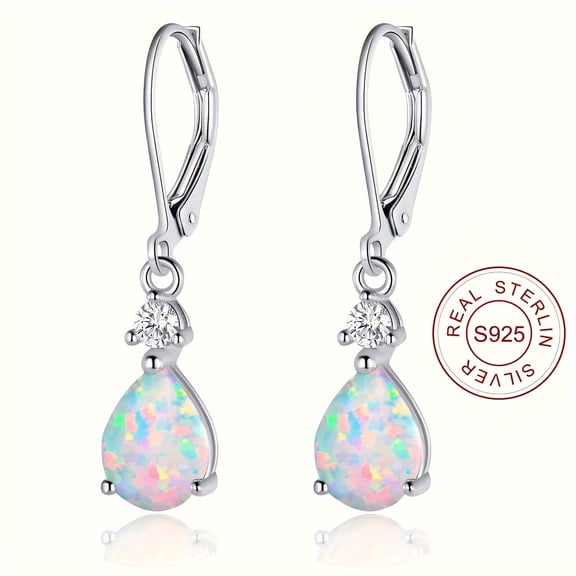 GEMSME 925 Sterling Silver Opal Teardrop Leverback Earrings for Women Drop Dangly Gemstone Earings Hypoallergenic Birthday Holiday Earrings Jewelry Gifts