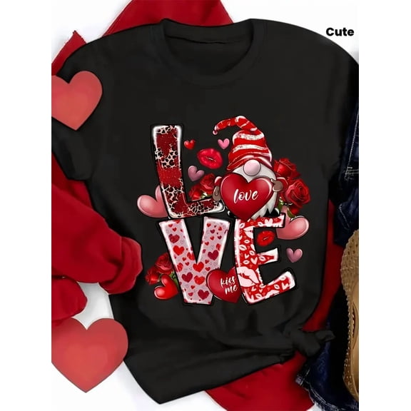 Women's Valentine's Day Red Love Bow & Heart Print T-Shirt - Cute Gnome & LOVE Lettering with Hearts, Bows, Roses - Casual Round Neck Short Sleeve Top Gift for Girlfriend