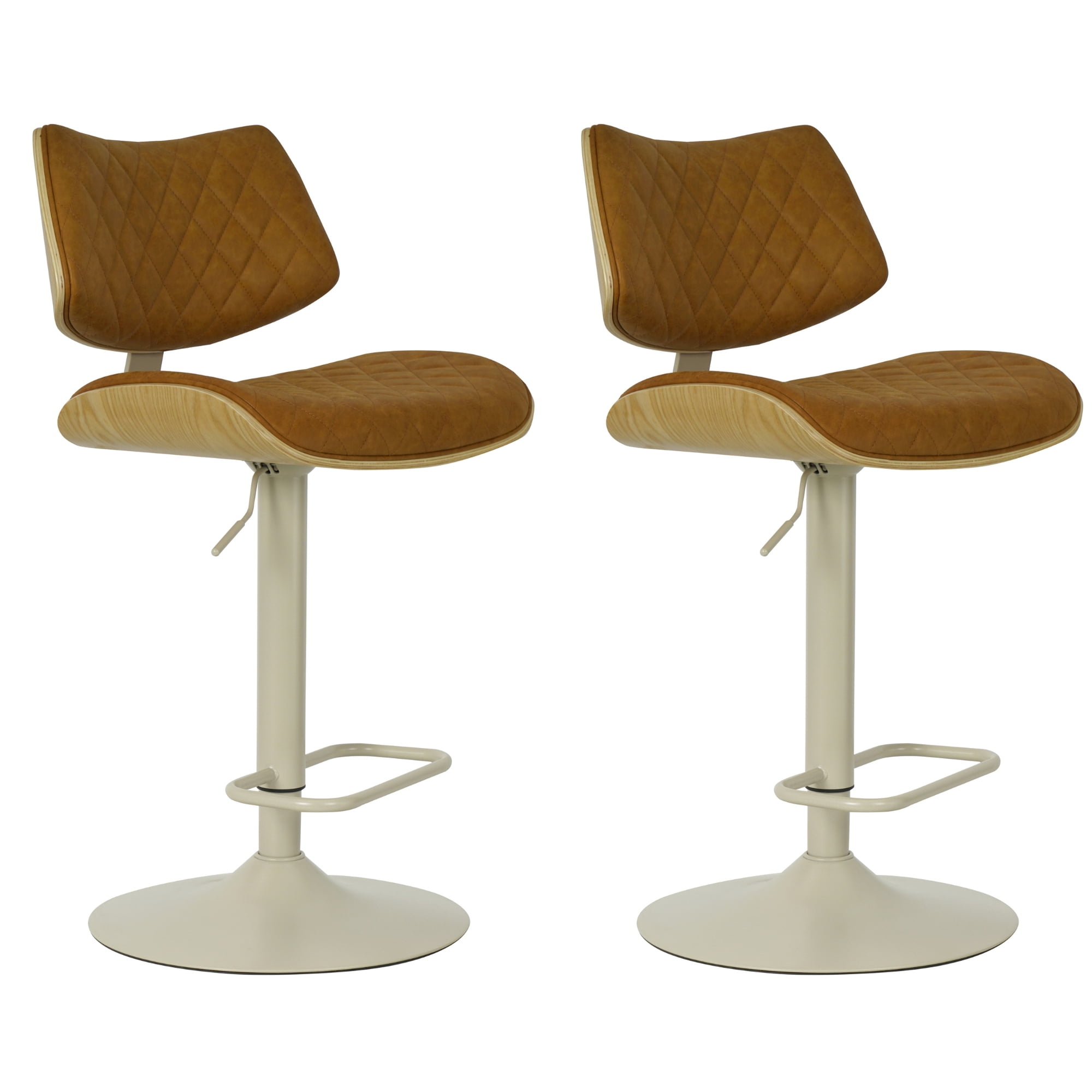 Leland Adjustable Swivel Camel Curved Back Wood Bar Stool with Faux Leather Seat Set of 2