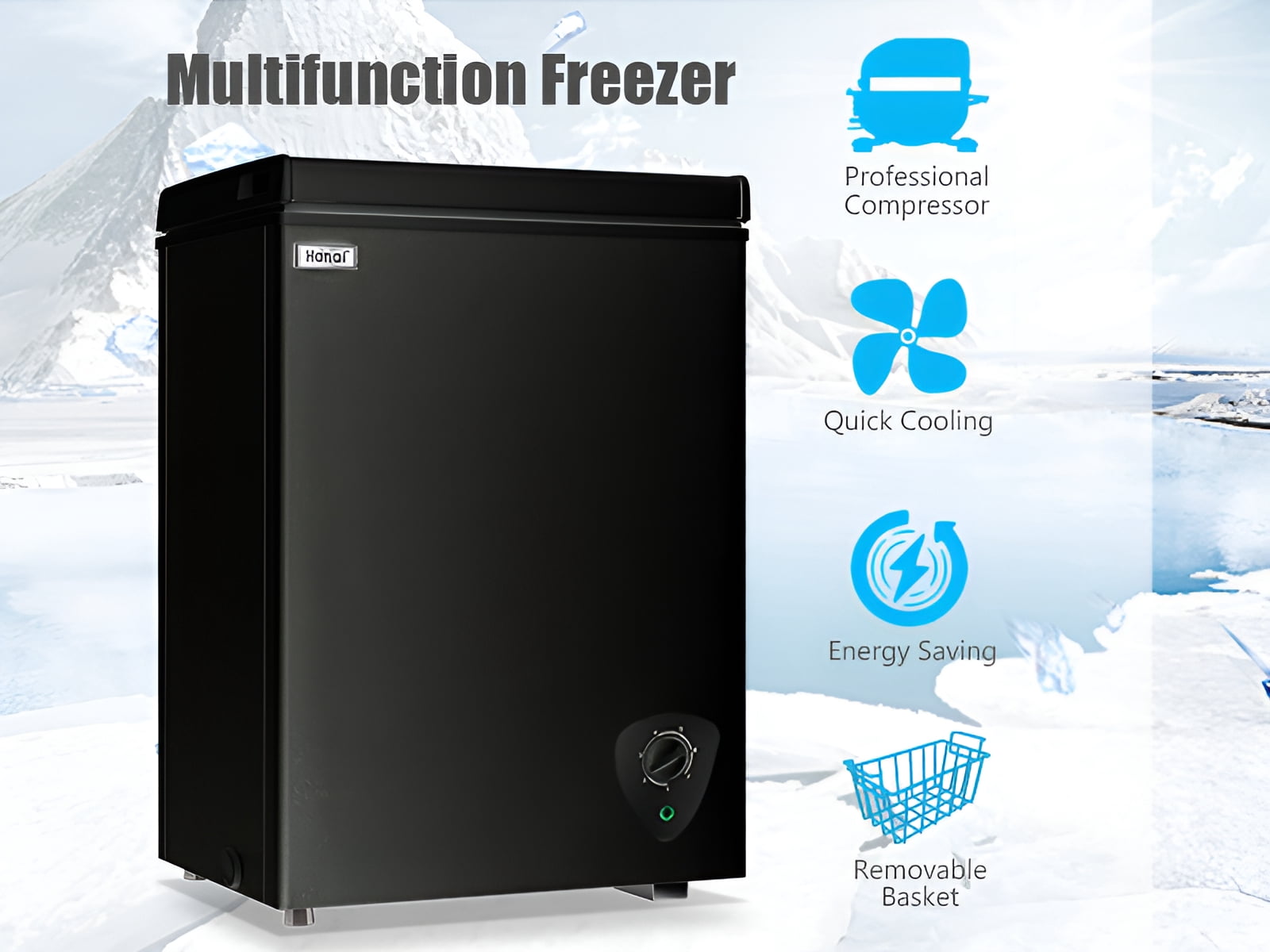 Chest Freezer 3.5 cu.ft Compact Freezer Free-Standing WANAI Top Door Freezer Adjustable 7 Thermostat and Removable Basket, Black