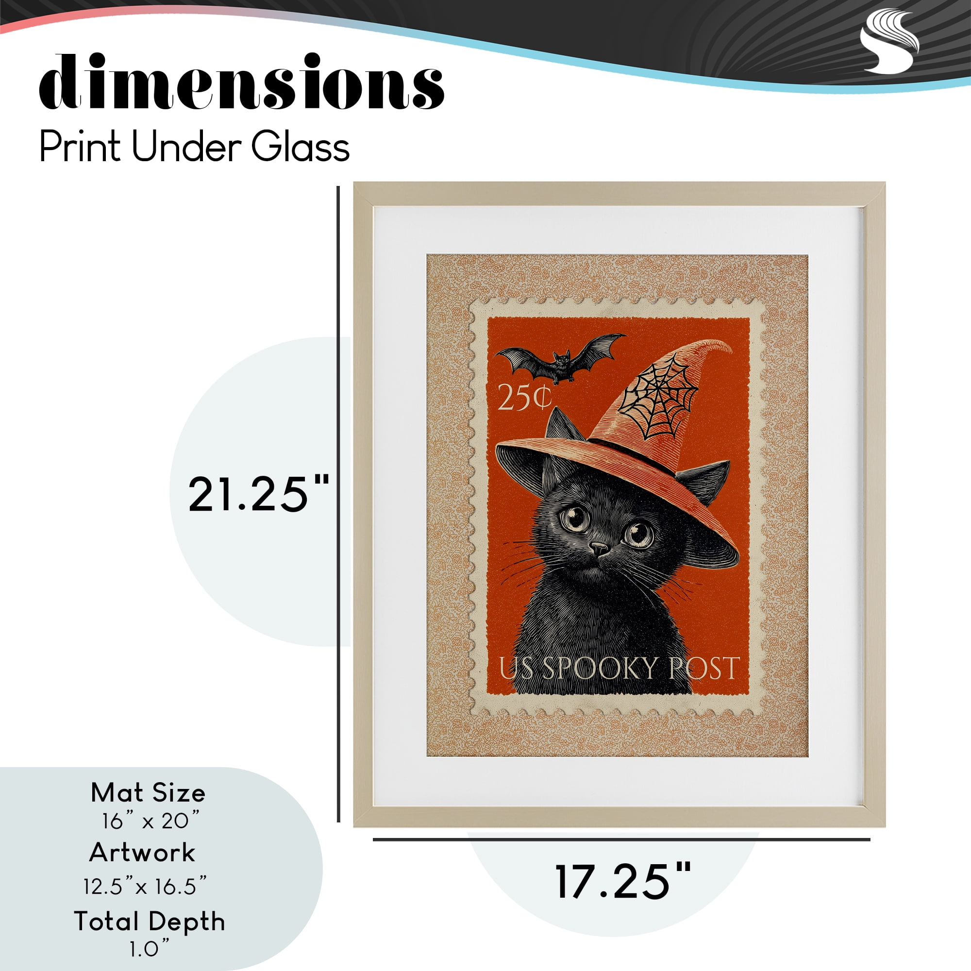 Vintage Black Cat Stamp Birch Framed Print Under Glass, design by Arlington Prints