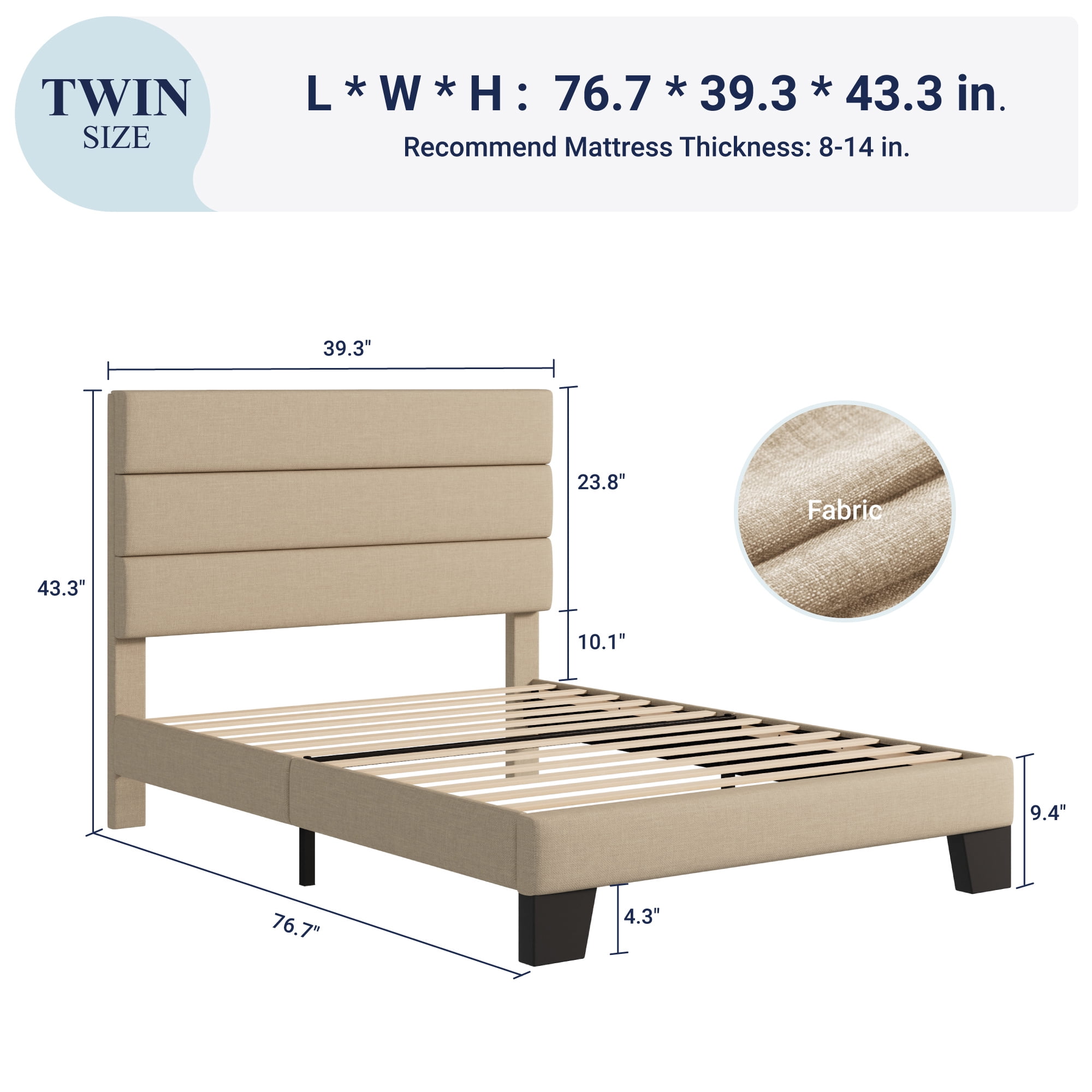 Allewie Twin Size Platform Bed Frame with Fabric Upholstered Headboard, No Box Spring Needed, Beige