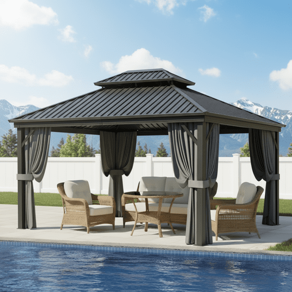GVDV Hardtop Gazebo, 10'x12' Outdoor Double Galvanized Roof Canopy, Aluminum Frame Pavilion with Curtains and Nettings