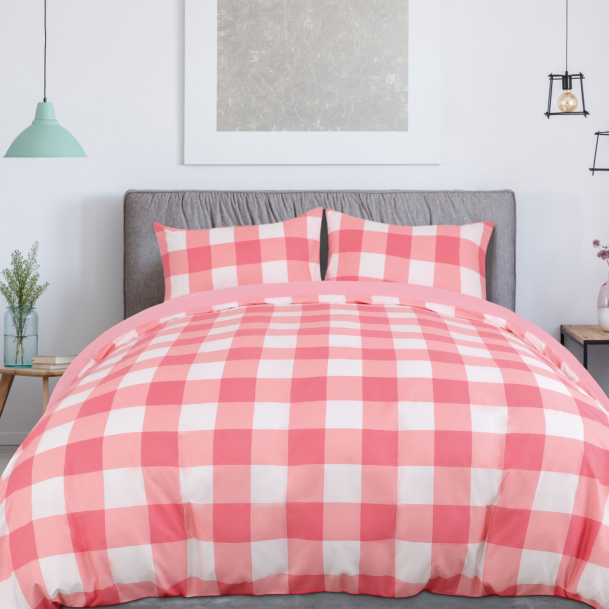 Piccocasa Checkered Duvet Cover Sets Soft Bedding Set Pieces Set Pink