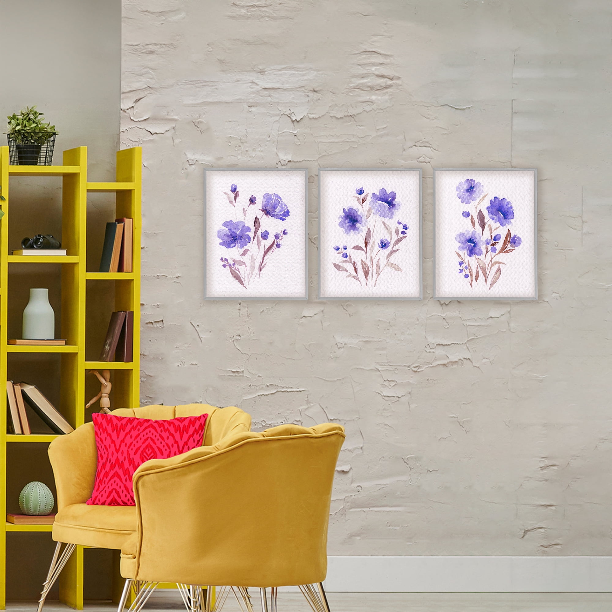 Stupell Industries Watercolor Purple Blooms 3 Piece Gray Framed Giclee Art Set, design by Leah Noel Art