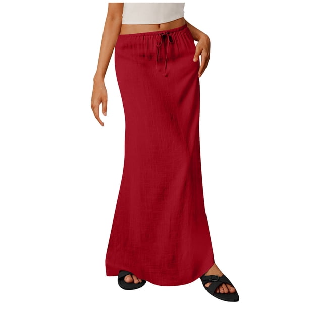 Faldas Largas para las Mujeres de Verano Color Sólido Cordón Moda Casual Poliéster Faldas de Cintura Elástica para las Mujeres
