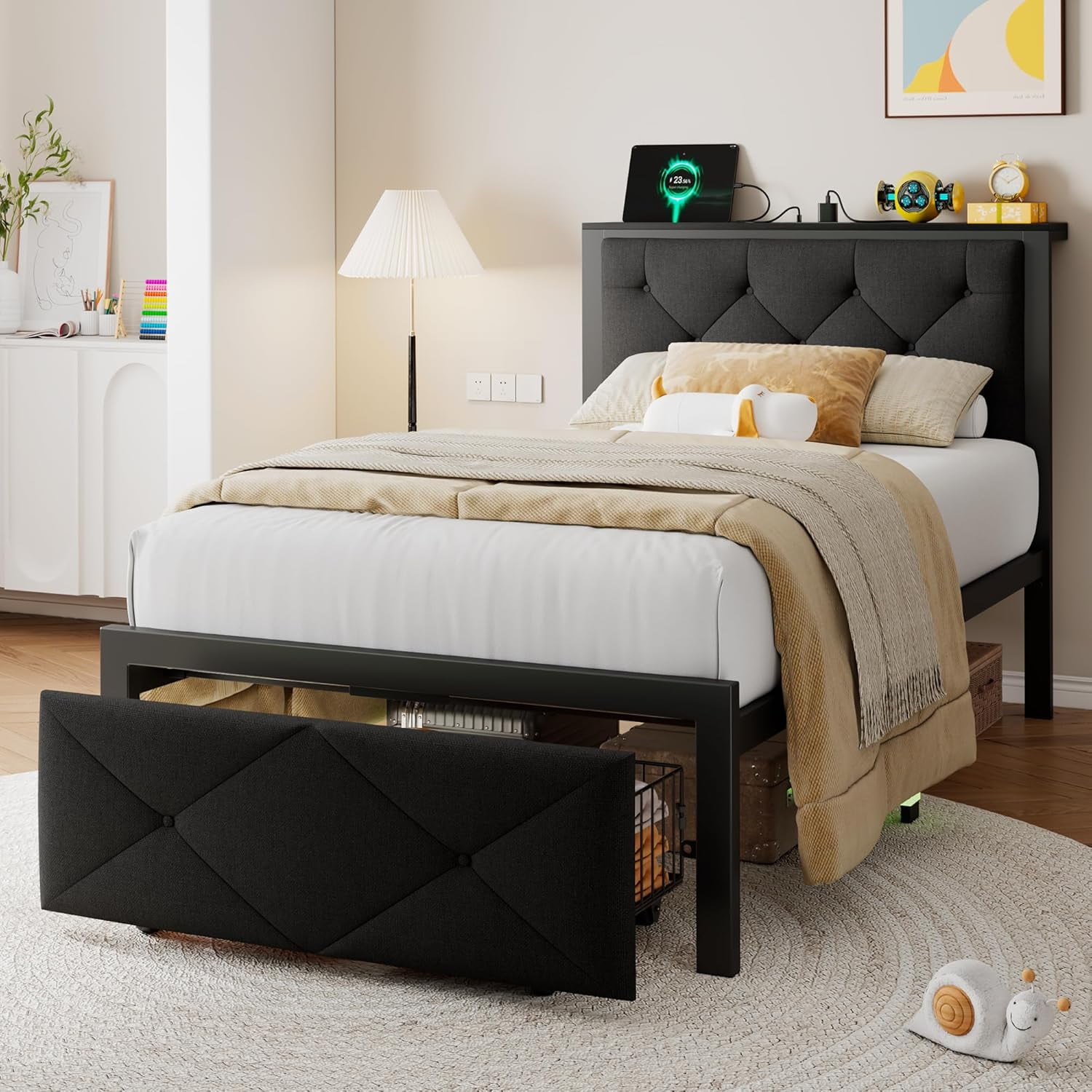 Honfach Twin Bed Frame with Storage Drawer, Metal Platform Bed with Charging Station, Upholstered Button Tufted Storage Headboard,  Black