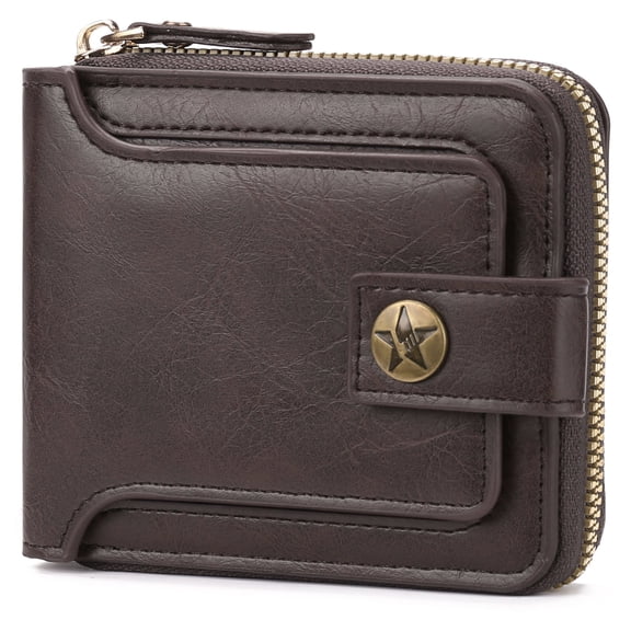 LOUEBICA Leather Men's Wallet with Zipper Vintage RFID Blocking Large Capacity Wallet for Men with 10 Credit Card Slots and 1 ID Window