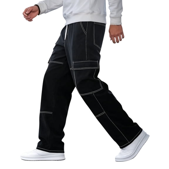 QHFBli Men's Cargo Jeans Streetwear Drawstring Waist Straight Leg Denim Pants with Pockets