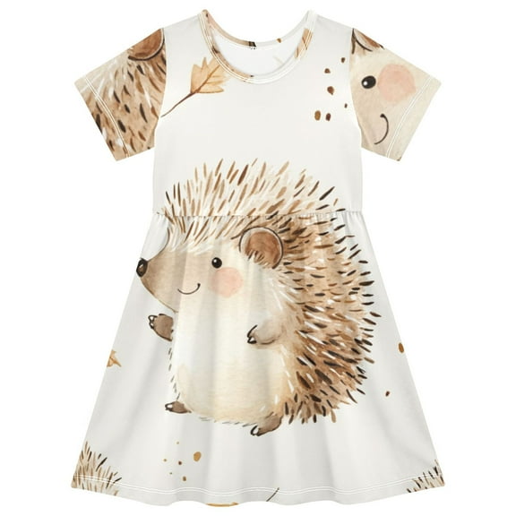 Cute girls short-sleeved dress, fresh summer model, comfortable and breathable, beautifully printed design style! Cute Hedgehog Pattern