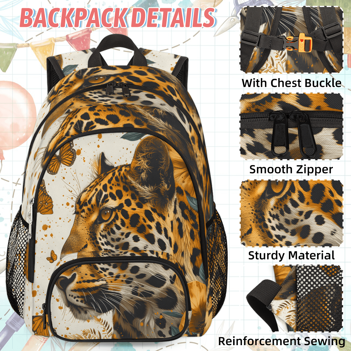 Herdesigns Leopard Backpack with Lunch Box Butterfly Leopard Print Lightweight Large Travel Work Laptop Backpacks Set Casual Daypacks