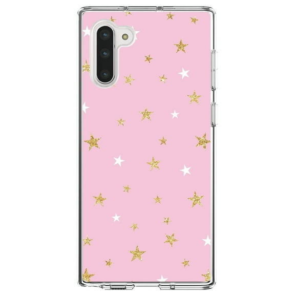 DistinctInk Clear Shockproof Hybrid Case for Samsung Galaxy Note 10 (6.3" Screen) - TPU Bumper, Acrylic Back, Tempered Glass Screen Protector - Pink & Gold Print - Stars Pattern