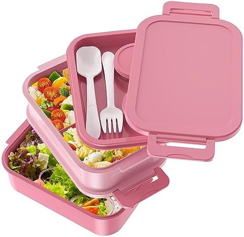 Bento Lunch Box for Adults - 3 Layers Leak-Proof Stackable Bento Box for Adults, 72oz Large-Style All-in-One Adult Lunchbox Bento Box with Utensil Accessories for Dining Out,Work, Pink