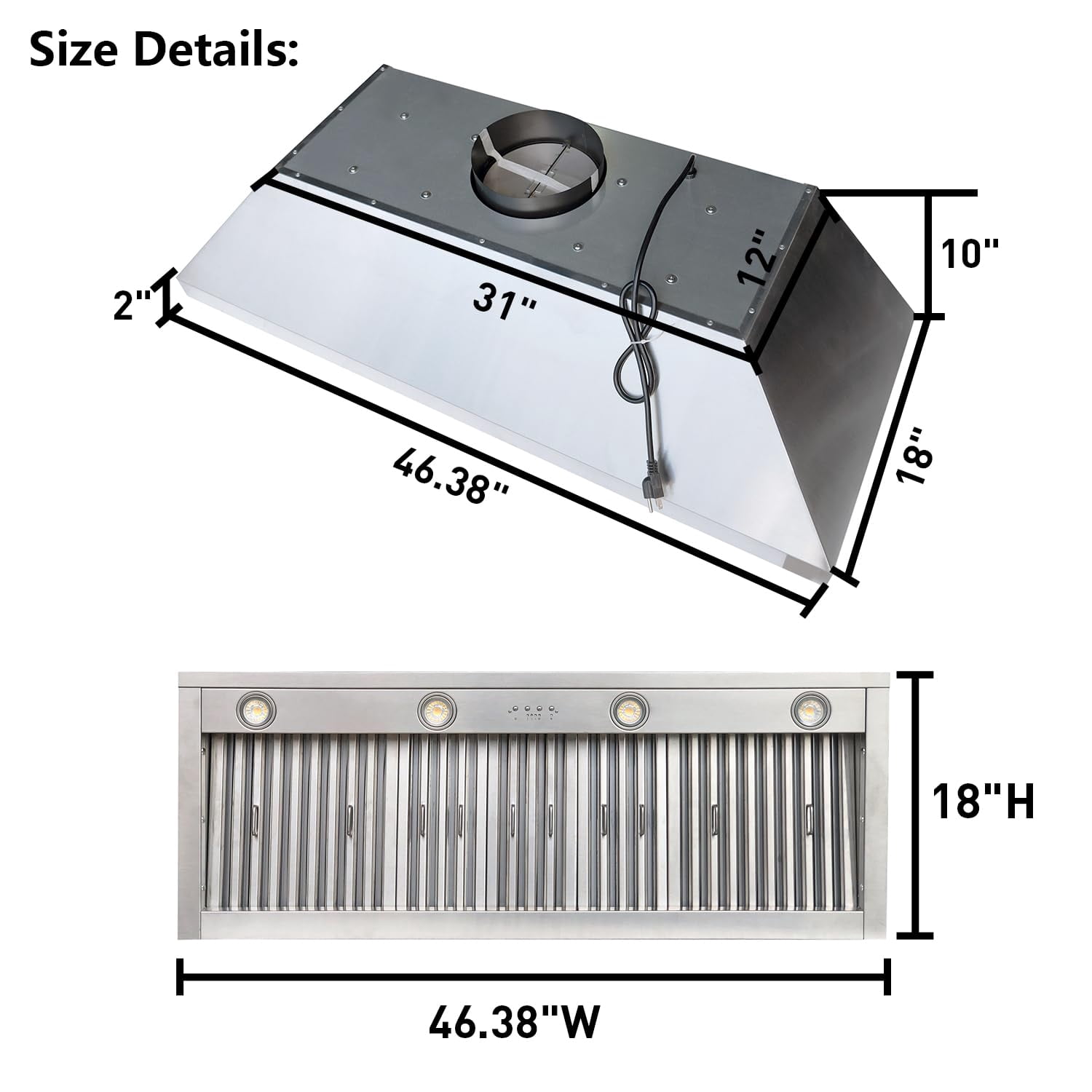 SINDA 48 Inch Built-in Range Hood Insert/Liner , 1150CFM in Stainless Steel