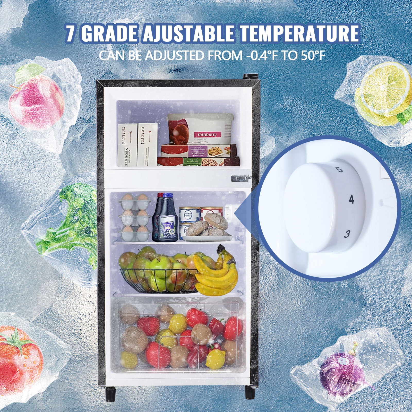 JIEJIA 3.5 Cu.ft Mini Fridge with Freezer, Double Door Compact Refrigerator, 7-Temp Adjustable, Removable Glass Shelves for Kitchen, Dorm, Office, Apartment, Black