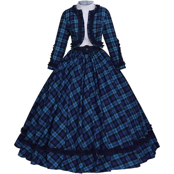 Women's Victorian Dickens Fair Dress Blue Plaid Civil War Ball Gown Southern Belle Costume