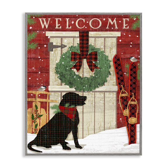 Stupell Industries Rustic Lodge Dog with Holiday Welcome Gray Framed Giclee Art, 11 x 14, by Andrea Tachiera