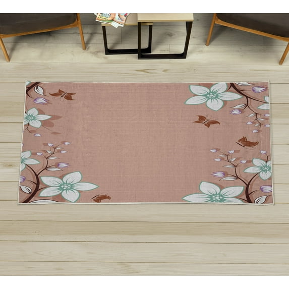 Floral Decorative Rug, Spring Flowers Leaves Branches Buds Butterflies Frame Like Abstract Art Pattern, Quality Carpet for Bedroom Dorm and Living Room, 6 Sizes, Almond Green, by Ambesonne