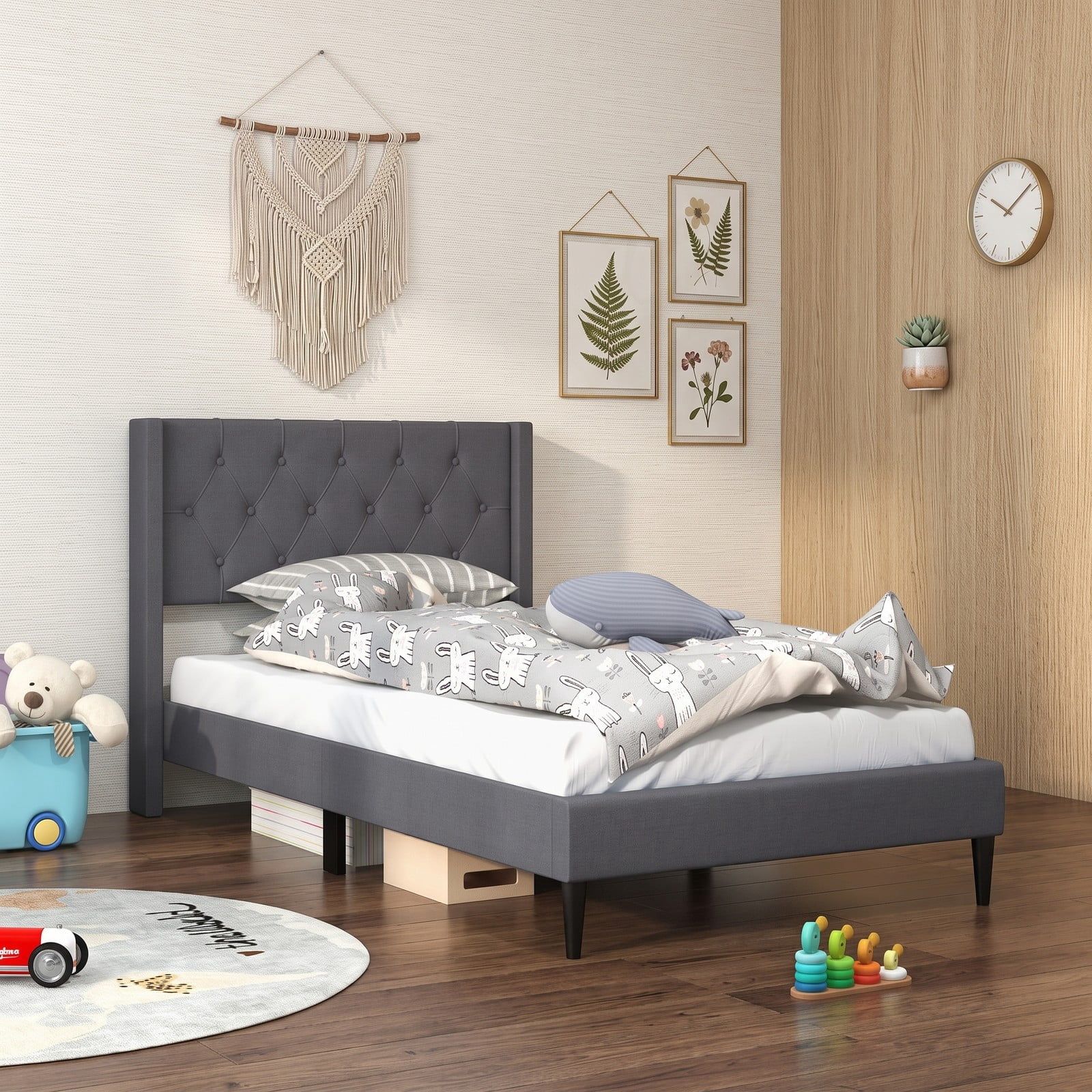 Furnibear Twin Bed Frame Upholstered Platform Bed with Button Tufted Wingback Headboard and Wood Legs, Gray