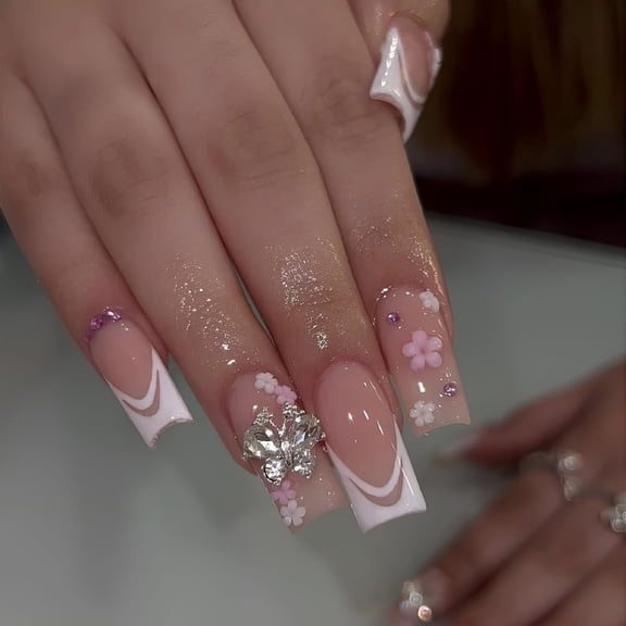 RAGUPEL Press on Nails Long Square Shape Nails White Acrylic Nails Glossy Glue on Nails French False Nail Tips with Butterfly Charms and White Flowers Design for Women and Girls, 24Pcs